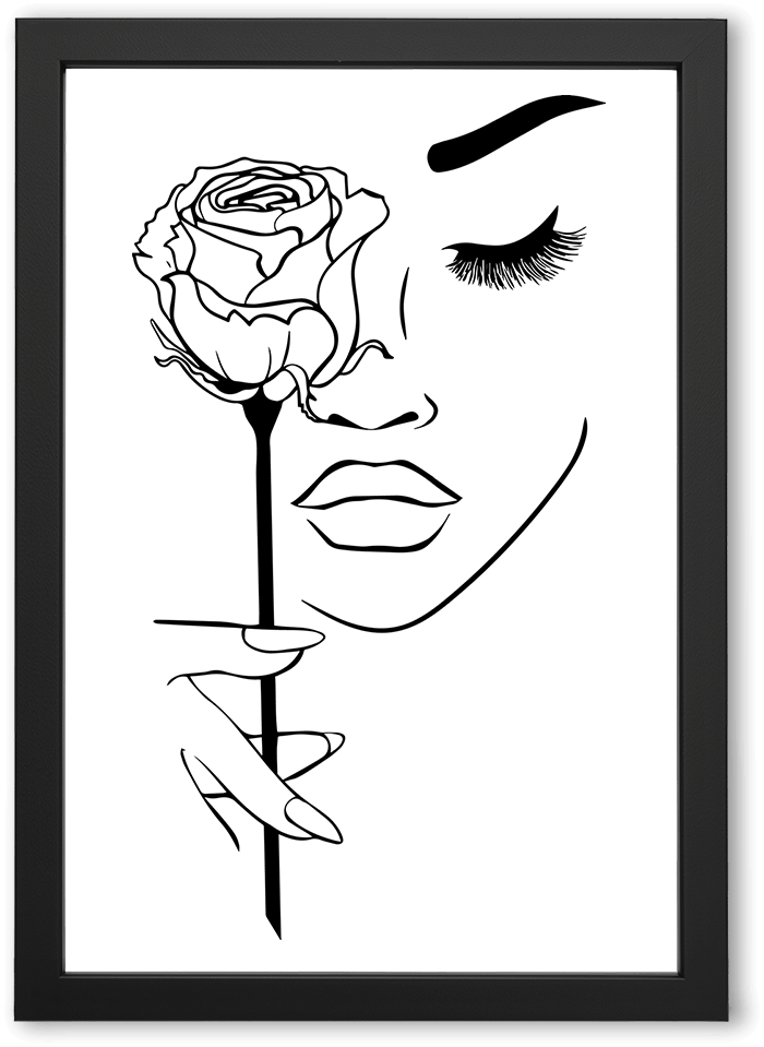A minimalist line drawing of a woman’s face with closed eyes, long lashes, and full lips, holding a rose near her nose. The delicate black lines create an elegant, graceful, and feminine aesthetic on a light background.