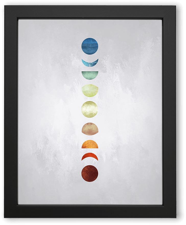 A minimalist abstract artwork featuring a vertical alignment of circular and semi-circular shapes in gradient colors from deep red to blue. The design evokes balance, flow, and harmony against a textured light gray background.