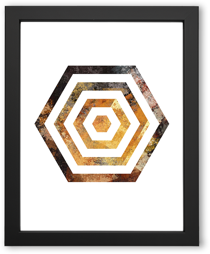 A geometric abstract design featuring concentric hexagons with a textured, grunge-like pattern in earthy tones of orange, yellow, brown, and black, set against a clean white background