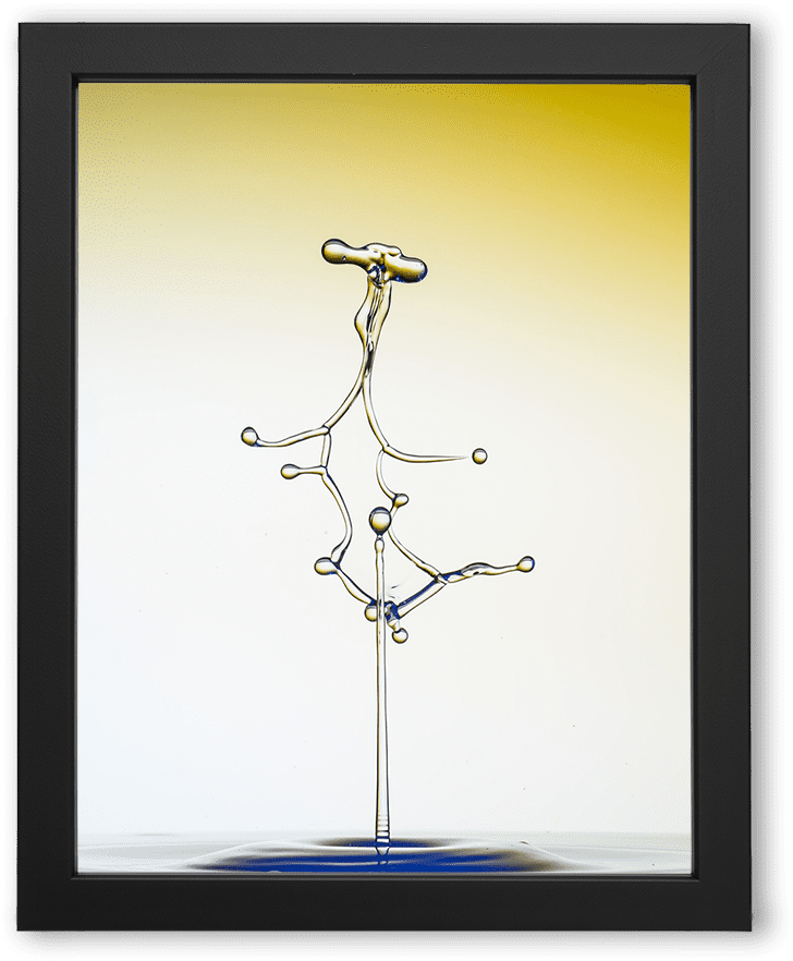 A high-speed photo of a water droplet collision forming an intricate, tree-like splash structure with delicate branches and beads. The background transitions from golden yellow to white, highlighting the fluid sculpture’s elegance and fragility.