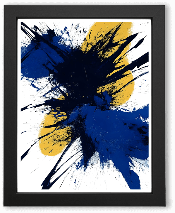 A bold abstract artwork featuring dynamic splashes of deep navy blue and golden yellow on a light background. The energetic paint bursts create a sense of explosive motion and striking contrast, blending chaos with vivid elegance.