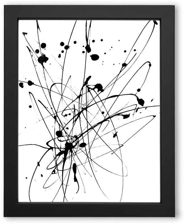 An expressive black-and-white abstract artwork featuring dynamic splatters and looping paint lines. The energetic strokes create a sense of motion and raw spontaneity, evoking freedom, tension, and creative chaos against a stark white background.