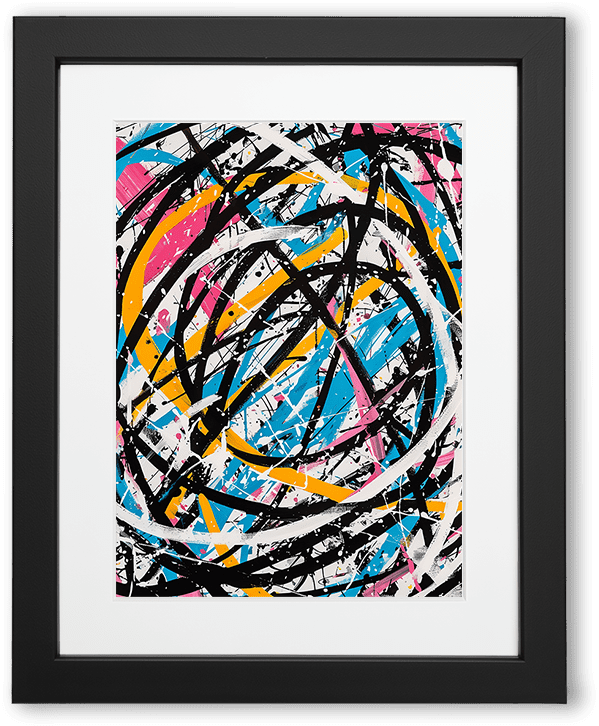A vibrant abstract painting bursting with energy, featuring bold splashes and sweeping strokes of black, white, pink, yellow, and blue paint intertwined in a chaotic yet rhythmic composition.