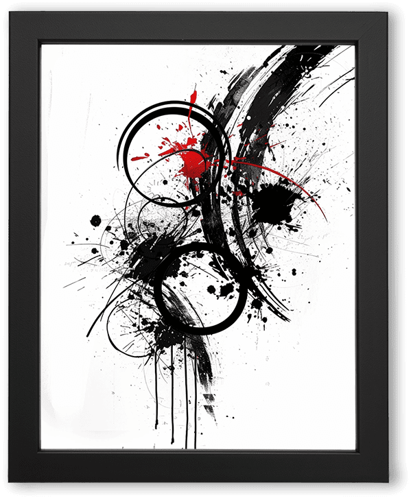 A dynamic abstract artwork featuring bold black brushstrokes, circular shapes, and explosive red splatters. The drips and splashes create a sense of raw energy and motion, evoking the intensity of controlled chaos on a white background.