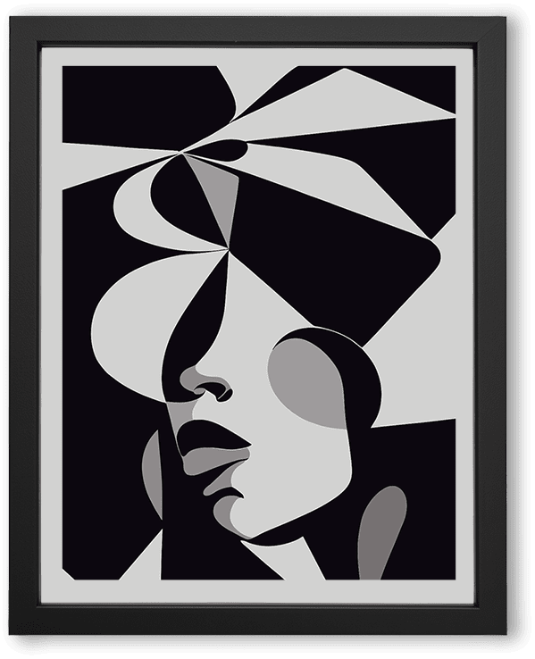 A striking abstract portrait of a woman composed of bold geometric shapes in shades of black and grey. The fragmented design creates depth and contrast, blending elegance and tension in a modern, cubist-inspired style.