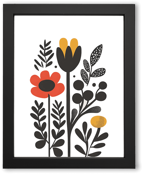 A bold, modern floral composition featuring abstract flowers in red, gold, and black. The clean shapes, dotted textures, and high contrast design create a lively yet minimal botanical aesthetic with a playful retro feel.