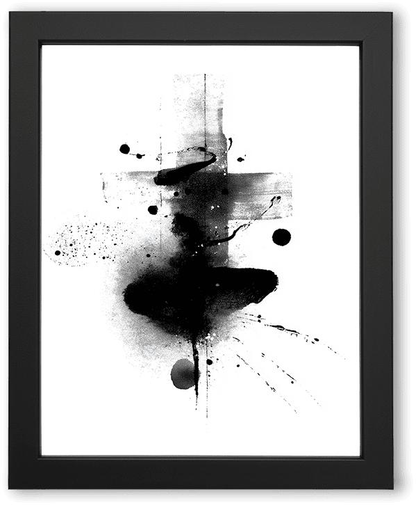 A striking abstract ink composition featuring dynamic black splatters and bold brushstrokes forming a loose cross shape on a white background. The artwork conveys raw energy and spontaneity, balancing chaos with minimalistic elegance.