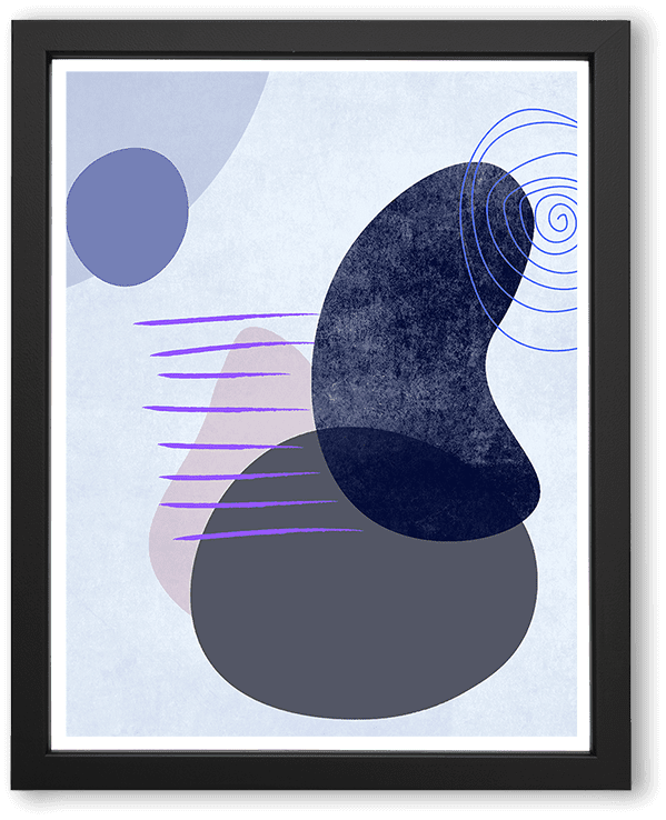 An abstract composition featuring indigo and violet organic shapes layered with textured gradients and fine spiral lines. The piece evokes motion and calm energy, blending geometric precision with a soft, dreamlike atmosphere.