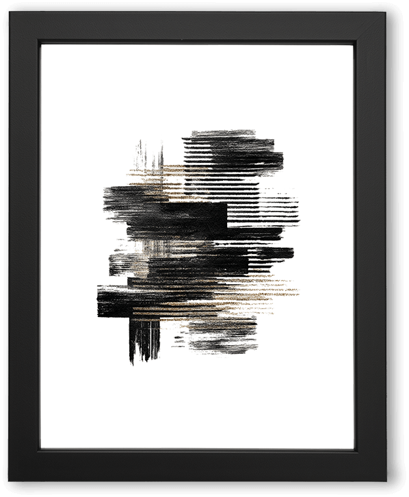 A layered abstract composition featuring black and gold horizontal brushstrokes on a light textured background. The strokes vary in thickness and opacity, creating a sense of rhythm, motion, and depth within a minimalist modern aesthetic.