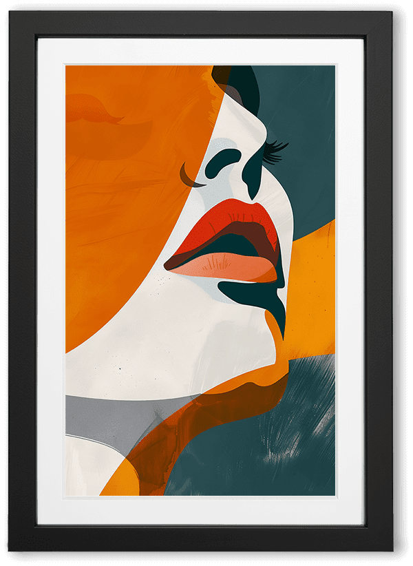 A modern abstract portrait of a woman’s face in profile, featuring bold shapes in orange, teal, and white. The composition highlights red lips and sweeping curves that create a sense of elegance and sensual mystery.