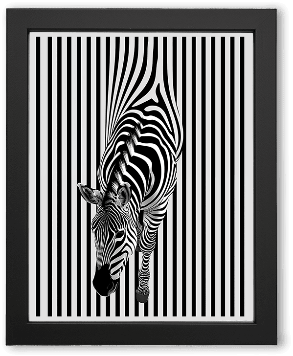 A striking black-and-white artwork featuring a zebra seamlessly blending into a striped background. The animal’s form merges with the pattern, creating an optical illusion that plays with depth, perception, and the harmony of natural and abstract design.