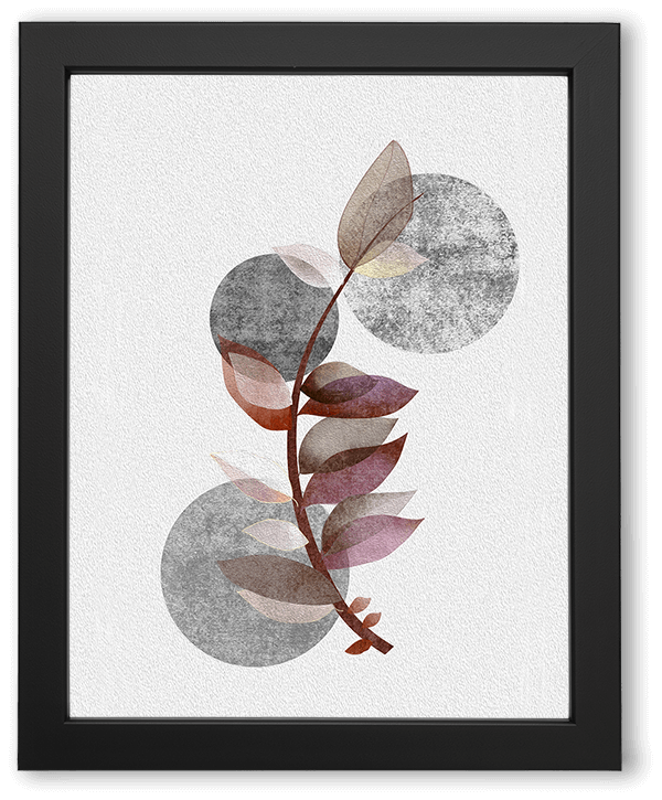 A minimalist botanical artwork featuring a stylized branch with translucent leaves in earthy tones of brown, red, and mauve. Soft gray circular shapes in the background add depth and balance, creating a calm, organic composition.