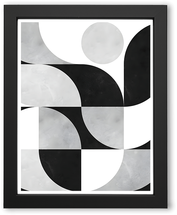 A minimalist abstract composition of black, white, and gray geometric shapes arranged in balance. Circles, arcs, and rectangles interlock to create a rhythmic pattern that feels both structured and fluid, evoking calm and visual harmony.