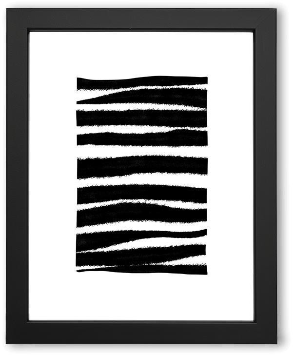 A minimalist black-and-white abstract artwork featuring uneven horizontal brushstrokes. The rough, organic black lines on a white background create a hand-painted, natural rhythm, blending simplicity with a sense of movement and imperfection.