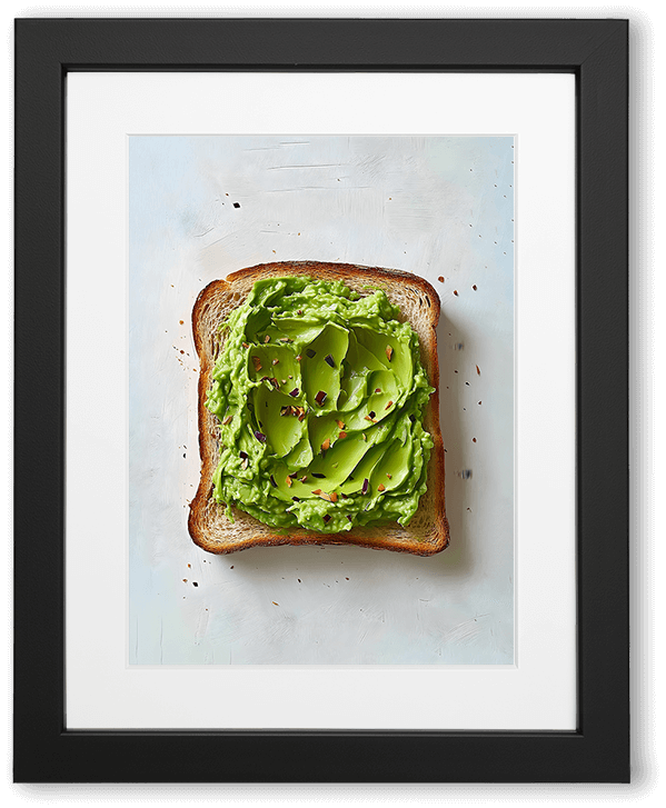 A top-down view of golden toast generously spread with creamy avocado, swirled thick and smooth, sprinkled with small herb and chili flakes, set against a clean, light background for a fresh, minimalist food aesthetic.