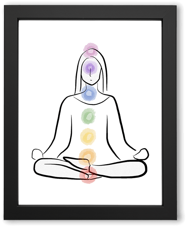 A minimalist line illustration of a person seated in meditation, cross-legged, with softly colored chakra circles aligned along the body. The calm composition emphasizes balance, mindfulness, and inner energy against a clean, textured background.