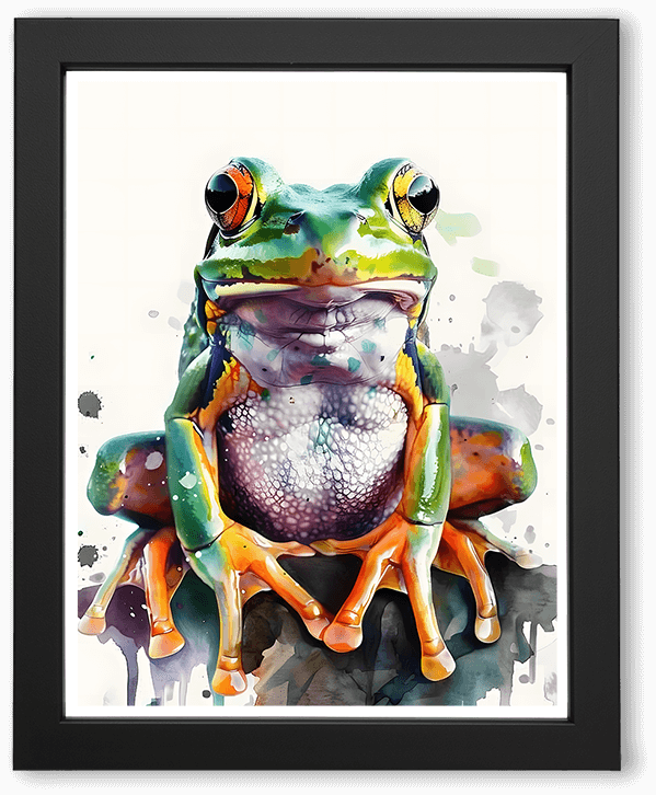 A vibrant watercolor illustration of a tree frog perched calmly, rendered in luminous greens, oranges, and purples. Fine splashes and fluid brushwork highlight glossy skin texture, expressive eyes, and a playful yet serene presence against a clean background.