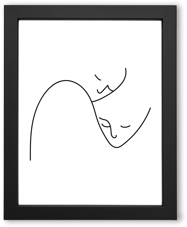 A minimalist continuous-line illustration of two human profiles leaning toward each other, eyes closed, suggesting quiet intimacy and emotional closeness against a clean white background.