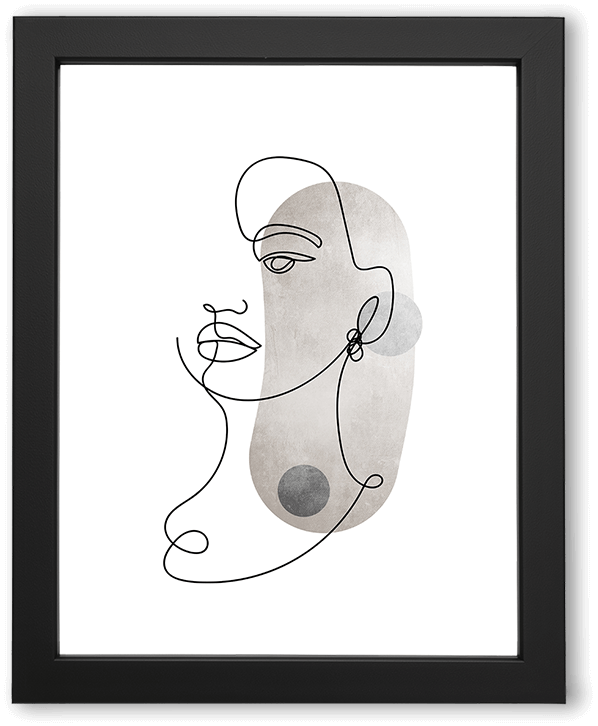 A minimalist continuous-line portrait of a woman in profile, drawn in black over soft neutral abstract shapes. Clean contours, flowing lines, and muted textures create a calm, modern aesthetic with an expressive yet understated mood.
