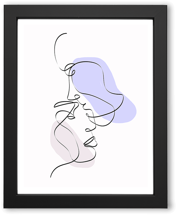 A minimalist continuous-line illustration of two faces meeting in a gentle forehead kiss, accented by soft pastel shapes. Clean black lines and negative space create an intimate, calm mood focused on tenderness, trust, and quiet emotional connection.