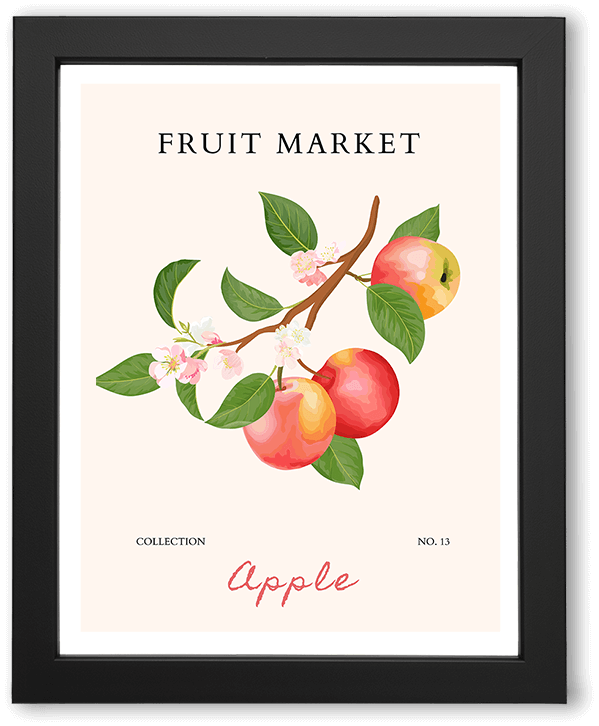 A minimalist fruit market kitchen wall art poster featuring stylized red orchard apples on a warm cream background. Clean shapes, playful composition, and hand-drawn typography evoke a fresh, modern, Mediterranean-inspired aesthetic.
