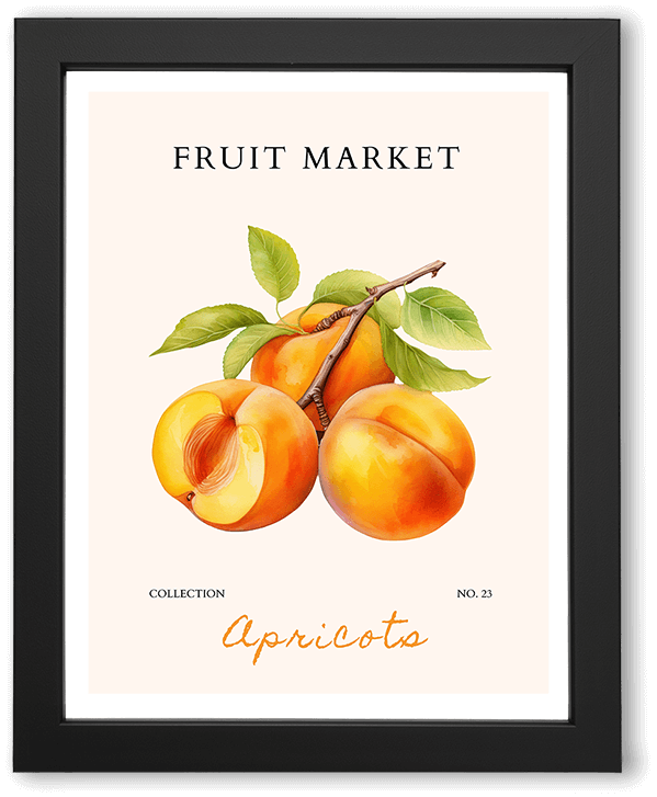 A minimalist fruit market kitchen wall art poster featuring stylized apricots on a warm cream background. Clean shapes, playful composition, and hand-drawn typography evoke a fresh, modern, Mediterranean-inspired aesthetic.