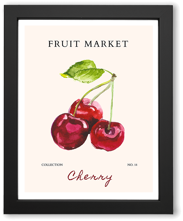 A minimalist fruit market kitchen wall art poster featuring stylized red cherries with green leaves and stems on a warm cream background. Clean shapes, playful composition, and hand-drawn typography evoke a fresh, modern, Mediterranean-inspired aesthetic.