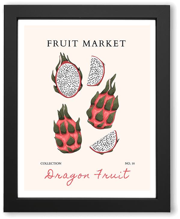 A minimalist fruit market kitchen wall art poster featuring stylized dragon fruit on a warm cream background. Clean shapes, playful composition, and hand-drawn typography evoke a fresh, modern, Mediterranean-inspired aesthetic.