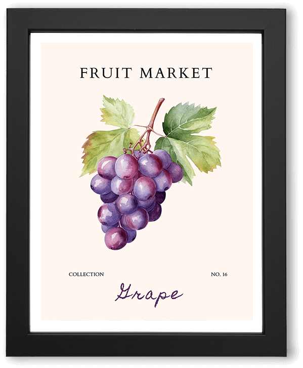 A minimalist fruit market kitchen wall art poster featuring stylized purple grapes on a warm cream background. Clean shapes, playful composition, and hand-drawn typography evoke a fresh, modern, Mediterranean-inspired aesthetic.