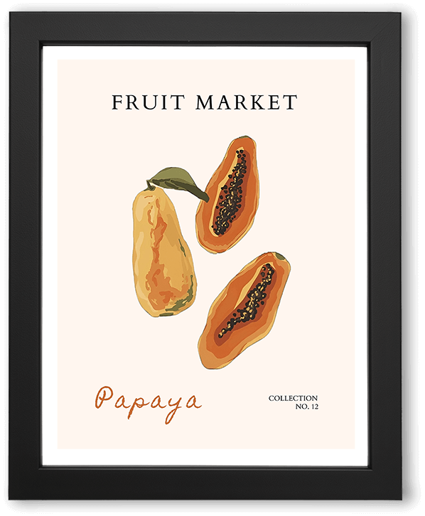 A minimalist fruit market kitchen wall art poster featuring stylized cut papayas on a warm cream background. Clean shapes, playful composition, and hand-drawn typography evoke a fresh, modern, Mediterranean-inspired aesthetic.