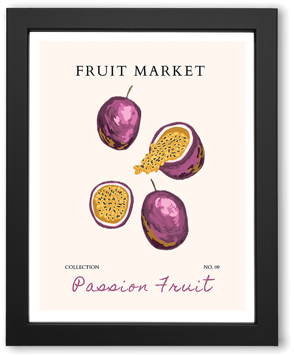 A minimalist fruit market kitchen wall art poster featuring stylized, cut purple passion fruit on a warm cream background. Clean shapes, playful composition, and hand-drawn typography evoke a fresh, modern, Mediterranean-inspired aesthetic.