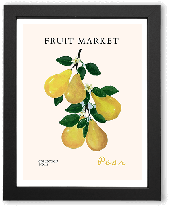A minimalist fruit market kitchen wall art poster featuring stylized bosc pears with bold green leaves on a warm cream background. Clean shapes, playful composition, and hand-drawn typography evoke a fresh, modern, Mediterranean-inspired aesthetic.