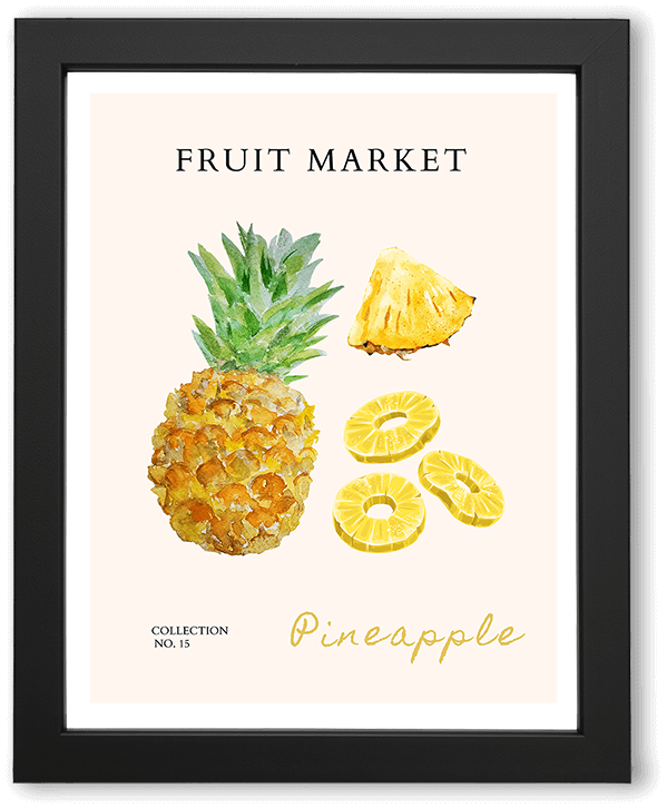 A minimalist fruit market kitchen wall art poster featuring a stylized pineapple with slices on a warm cream background. Clean shapes, playful composition, and hand-drawn typography evoke a fresh, modern, Mediterranean-inspired aesthetic.