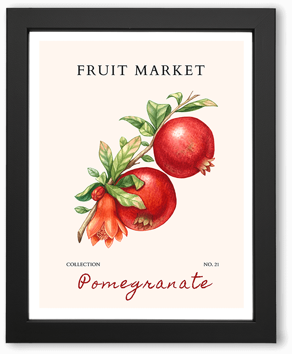 A minimalist fruit market kitchen wall art poster featuring stylized red pomegranate on a warm cream background. Clean shapes, playful composition, and hand-drawn typography evoke a fresh, modern, Mediterranean-inspired aesthetic.