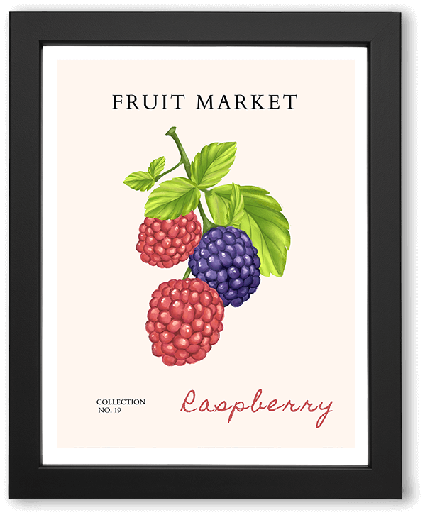 A minimalist fruit market kitchen wall art poster featuring stylized red and purple raspberries with bold green leaves on a warm cream background. Clean shapes, playful composition, and hand-drawn typography evoke a fresh, modern, Mediterranean-inspired aesthetic.