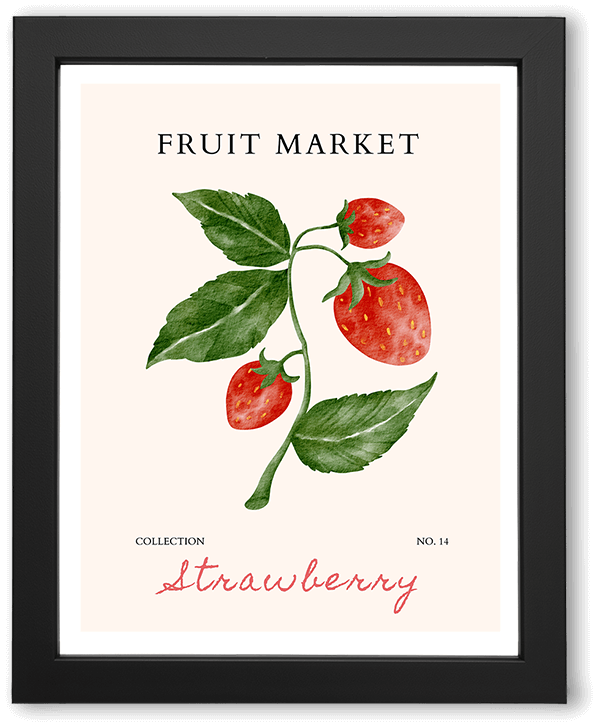 A minimalist fruit market kitchen wall art poster featuring stylized red strawberries with bold green leaves and stems on a warm cream background. Clean shapes, playful composition, and hand-drawn typography evoke a fresh, modern, Mediterranean-inspired aesthetic.