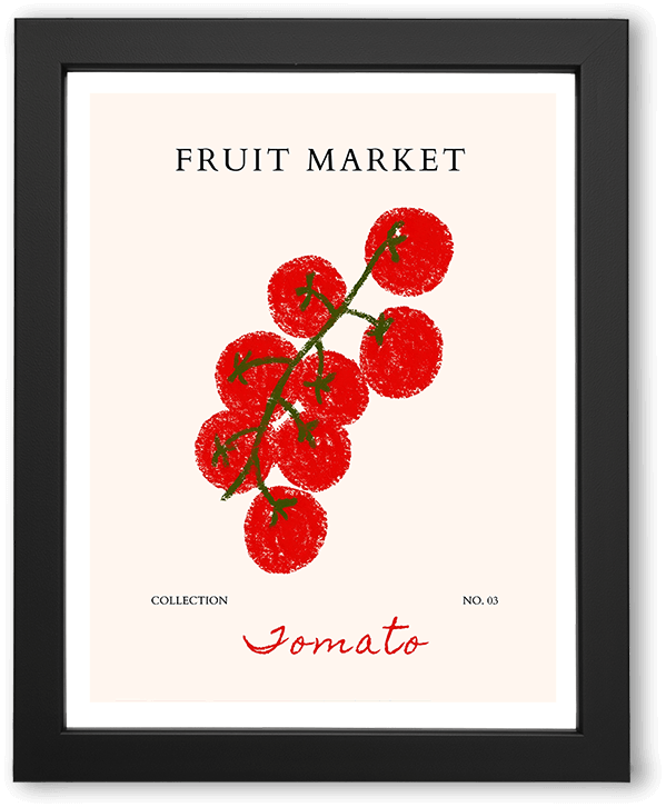 A minimalist fruit market poster featuring stylized red tomatoes on a warm cream background. Clean shapes, playful composition, and hand-drawn typography evoke a fresh, modern, Mediterranean-inspired aesthetic.