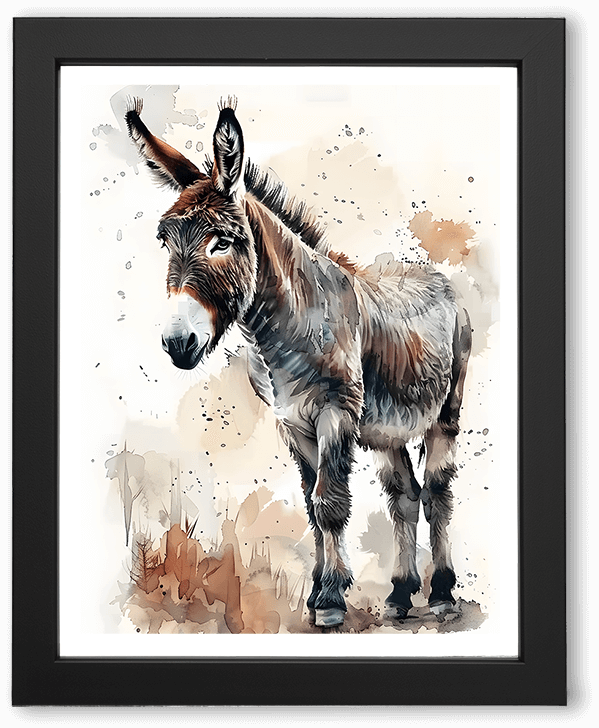 A watercolor-style illustration of a donkey standing calmly, rendered in soft earth tones with expressive brush splashes. The minimalist background and loose paint textures emphasize gentle strength, quiet presence, and rustic character.