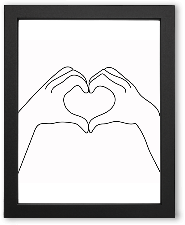 A minimalist black line illustration shows two hands meeting to form a heart shape at the center. Clean contours, ample white space, and balanced symmetry create a calm, modern composition focused on connection and affection.