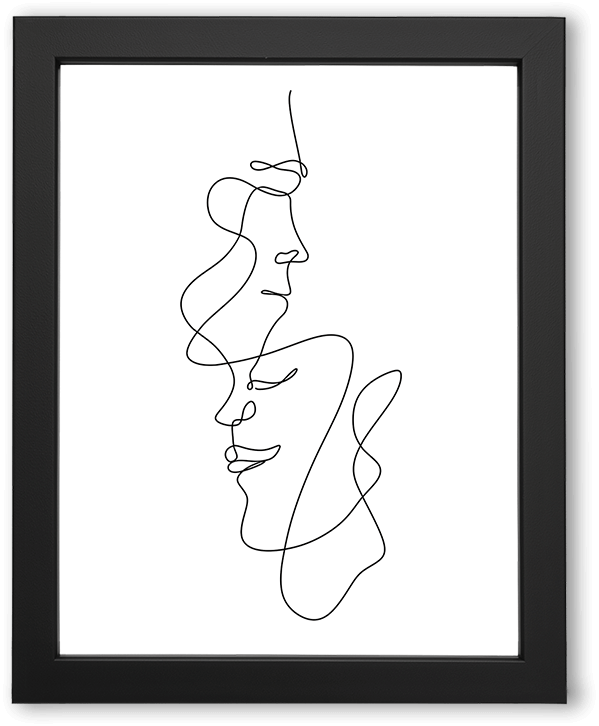 A minimalist line drawing depicting two abstract human faces intertwined, created with a single continuous black line on a white background, conveying simplicity, fluidity, and modern artistic elegance.