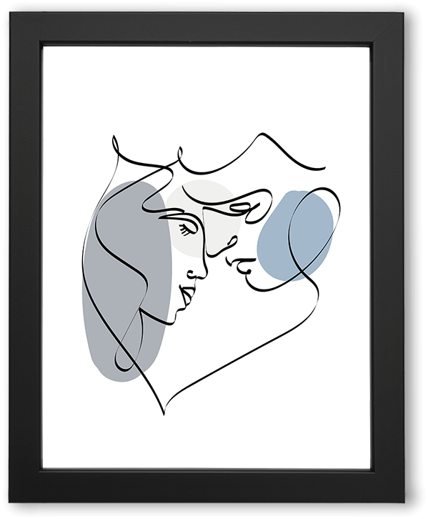 A minimalist continuous-line illustration of two faces leaning into a gentle kiss, framed by soft abstract shapes. Clean black lines and muted tones create an intimate, modern composition that emphasizes closeness, tenderness, and emotional connection.