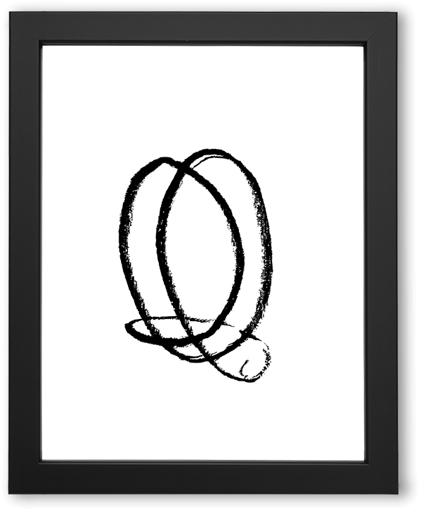 Bold black brushstrokes form overlapping loops on a stark white background, creating an abstract, gestural composition. The rough ink texture and uneven edges convey motion, spontaneity, and expressive minimalism.
