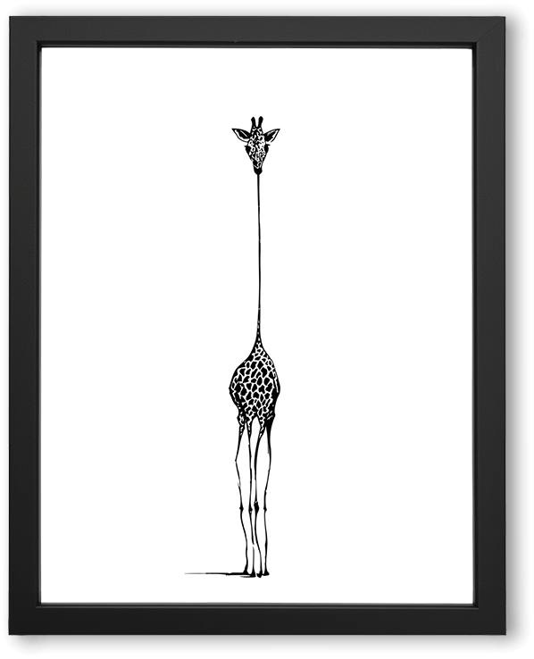 A stark black-and-white minimalist illustration of a giraffe with an elongated neck and slender legs, rendered in simple lines and negative space, emphasizing height, elegance, and quiet stillness against a blank white background.