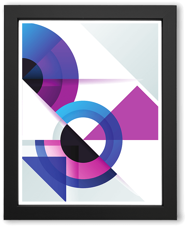 An abstract geometric artwork featuring overlapping circles, diagonal lines, and angular shapes in vibrant blues, purples, and pinks, layered with transparency to create depth, motion, and a sense of modern balance.