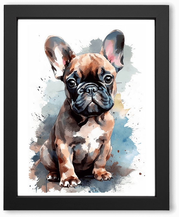 A watercolor illustration of a sitting French bulldog, rendered with soft washes and expressive splashes. Warm browns and cool blues blend around its compact body, oversized ears, and soulful eyes against a clean white background.