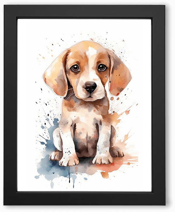 A soft watercolor illustration of a sitting beagle puppy, with floppy ears and gentle eyes, rendered in warm browns and creams. Loose paint splashes and drips surround the figure, giving the portrait a playful, tender, and expressive feel.