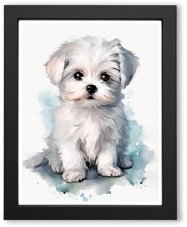 A soft watercolor illustration of a small white puppy sitting calmly, with fluffy fur, round dark eyes, and gentle shading. Cool blue washes surround the figure, creating a light, airy, and tender mood against a clean white background.