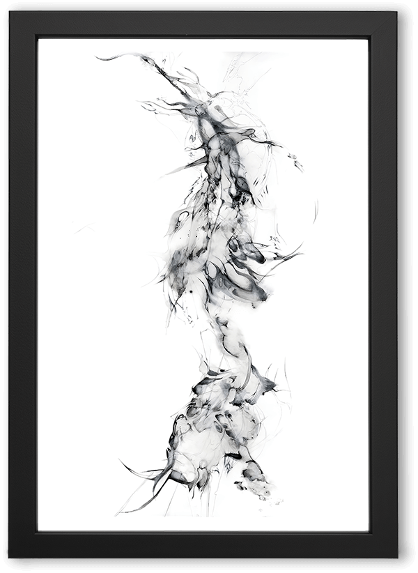 A monochrome abstract composition of smoky black ink drifting upward on a white background, forming fluid, organic shapes that suggest motion, energy, and transformation, with wispy edges and layered transparency creating a sense of depth and quiet intensity.