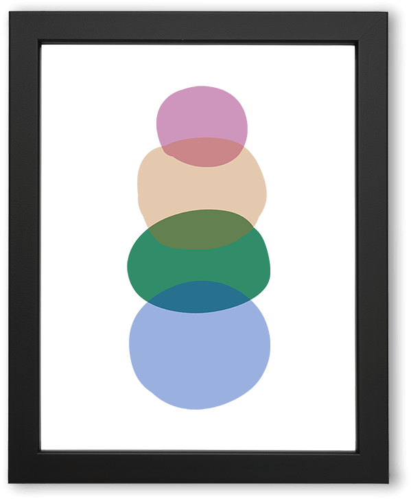 Soft, vertically stacked circles in muted pink, beige, green, and blue overlap with gentle transparency, creating an organic, balanced composition. Clean edges, calm spacing, and a minimal background emphasize harmony, rhythm, and quiet visual flow.