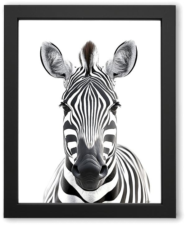A front-facing zebra portrait rendered in stark black and white, emphasizing bold, symmetrical stripes, textured ears, and a centered gaze against a clean white background, creating a striking, minimalist, high-contrast composition.